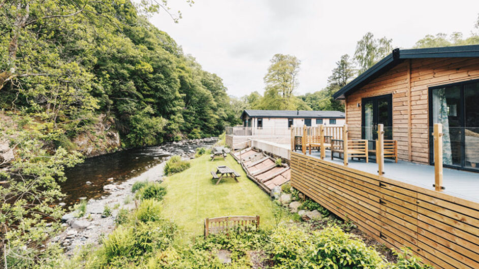 A calm stretch of the River Greta flowing through the Low Briery holiday park grounds in Cumbria